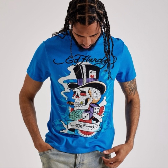 Ed Hardy Other - ED HARDY Casino Gambling Skull Dice Cobalt Blue Rhinestone Shirt Large NWT